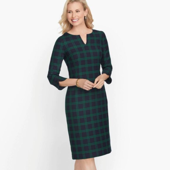 NWT! Talbots Green Navy Plaid Three-Quarter Sleeve Shift Dress Size 14 Petite - Picture 9 of 9